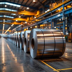 Large aluminium steel rolls in the factory  - obrazy, fototapety, plakaty