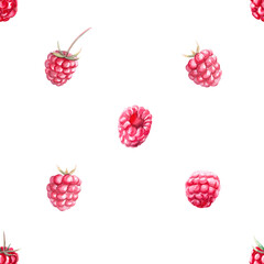 Pattern of red raspberries in watercolor illustration on a white background. Hand drawn raspberry berries for printing on fabric, gift wrapping, desserts, perfumes.