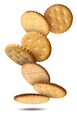 Tasty dry round crackers falling on white background