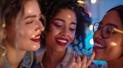 Closeup of a group of friends trying out makeup products by virtually applying different shades and styles on their ARenhanced reflections creating a fun and interactive shopping experience. .
