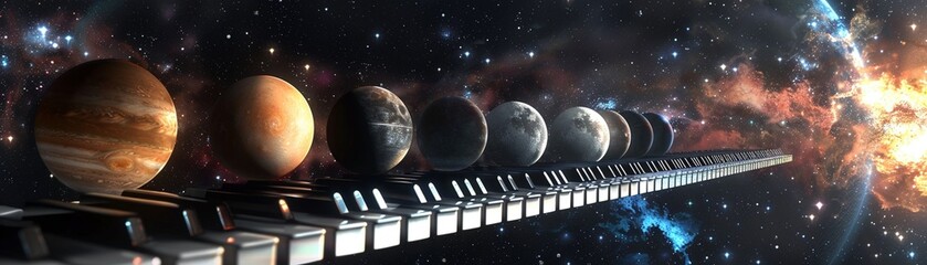 A series of planets and moons lined up like the black and white keys of a piano, creating harmony in the cosmos