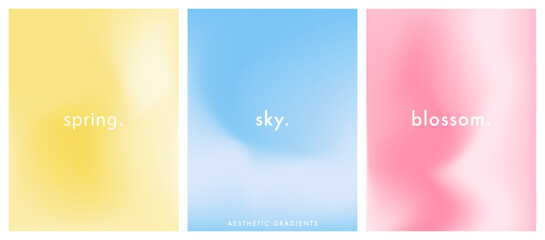 Blurred spring gradient background. Summer yellow, blue, pink pastel colored banner. Simple soft light background. Vector aesthetic springtime set - 787214238