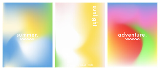 Summer gradient posters set. Abstract simple and soft landscape background. Cover template design for social media post. Blurry futuristic modern gradient. Vector aesthetic collection - 787214249