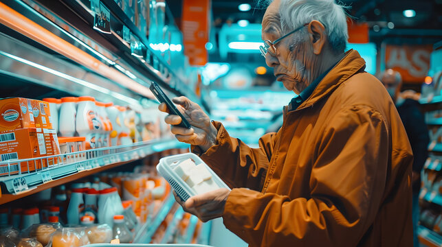 Old man choosing products on grocery shopping buying food in supermarket Elderly buyer using mobile phone holding dairy products standing with shop cart in store Copy space : Generative AI
