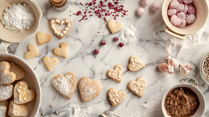 Ingredients and shapes for baking cookies on marble table Concept cooking with love cooking for your loved ones baking for valentines day Top view Copy space : Generative AI