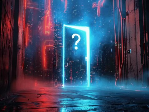 Cyberspace portal a doorway marked by a question sign inviting entry into the vast world of internet and digital exploration