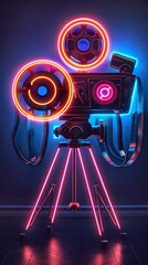 neon movie camera with film reels on top icon - obrazy, fototapety, plakaty