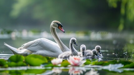 Swan Mother Teaching Her Cygnets to Swim on a Serene Lake with Water Lilies, Guiding Them Through the Water with Grace. Motherhood, Maternal Care, Mather's Day. AI Generated