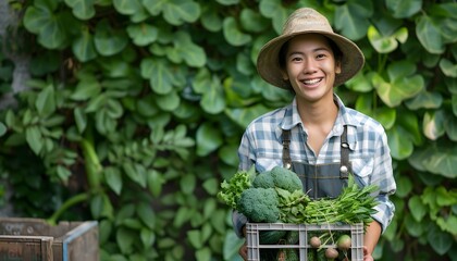 Cheerful Asian female farmer harvesting fresh organic vegetables in a lush green garden