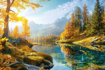 Poster Beautiful autumn landscape with a mountain lake at sunrise © Zhenrui