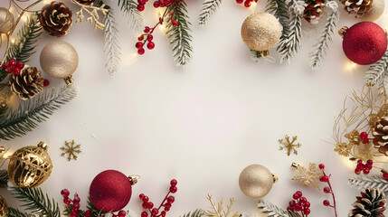 Bright Christmas frame of spruce red  gold christmas decorations on white background Copy space Winter holidays New Year : Generative AI