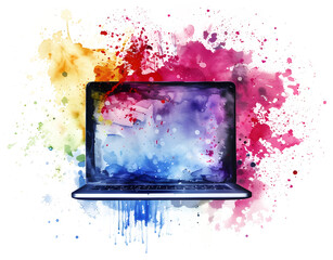 Laptop in watercolor design, isolated on transparent background, technology concept, realistic illustration, generative ai
