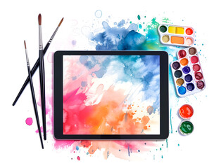 Tablet PC with paints and brushed in watercolor design, isolated on transparent background, technology concept, realistic illustration, generative ai