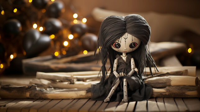 A whimsical yet gothic handcrafted doll sits pensively amidst soft glowing lights and dark, textured surroundings.