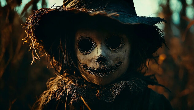 Scary child-like scarecrow in a field of wheat. Horror movie like design.