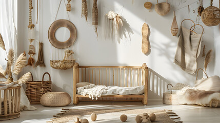 Stylish composition of cozy scandinavian childs room interior with wooden bed rattan basket plush and wooden toys and hanging decorations Creative wall carpet on the floor Copy space T : Generative AI