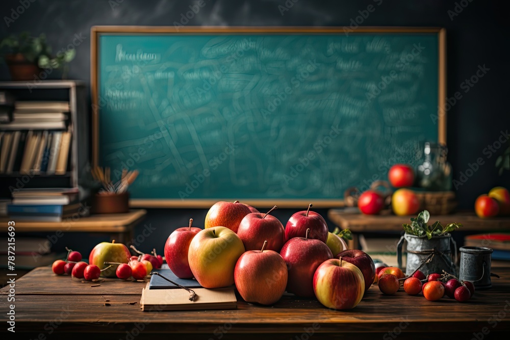 Leinwandbilder A table with a blackboard, suitable for use in an office or a school classroom. The setting encourages productivity, creativity, and collaboration in various environments, Generative AI.