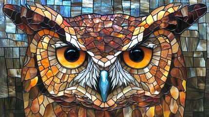 stained glass rendition of a wise and stoic owl, with earthy tones and intricate details