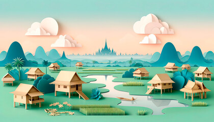 Idyllic paper art depicting Thai stilt houses amidst tranquil waters, with a temple silhouette in the distance, ideal for travel and cultural themes.