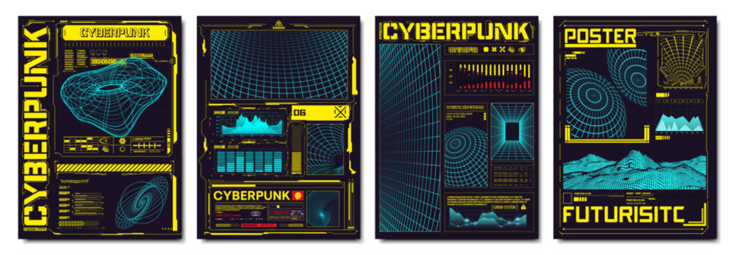 Retro futuristic design elements, perspective grid, tunnel, circle. Techno cyber, retrofuturistic synthwave background punk. Cyberpunk retro futuristic poster set abstract cosmic shapes. Vector