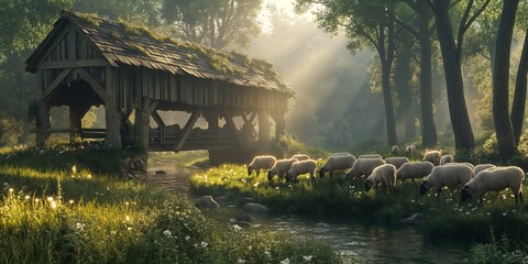 A serene morning scene with sheep grazing near a rustic wooden cabin alongside a tranquil river in a misty forest - obrazy, fototapety, plakaty