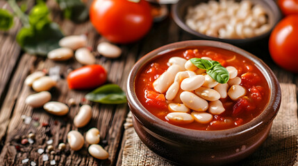 bean tomato sauce white legume beans food healthy meal diet snack on the table copy space food background : Generative AI