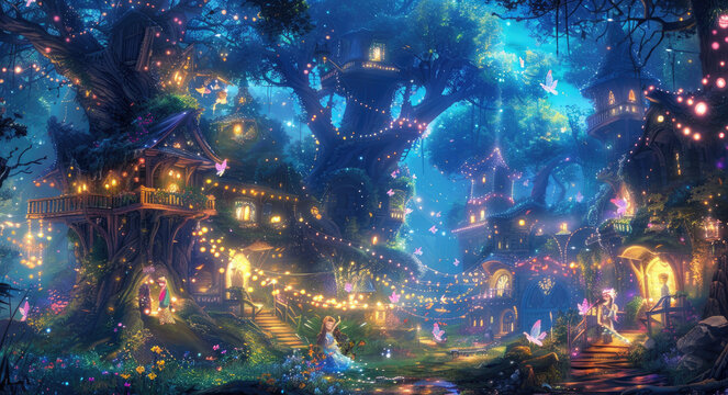 A whimsical fairy city nestled in an enchanted forest, with colorful trees and sparkling lights. The scene includes friendly fairies flying around the fantasy town surrounded by magical creatures