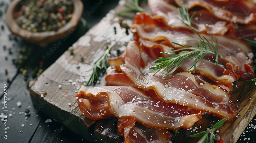 Poster bacon slices fresh meat product pork eating cooking appetizer meal food snack on the table copy spac