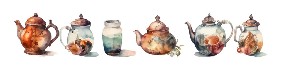 Watercolor teapot illustration. Сollection of teapots.