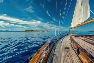 Sailing yacht on the sea, island in background, blue sky and calm water, wide angle - obrazy, fototapety, plakaty