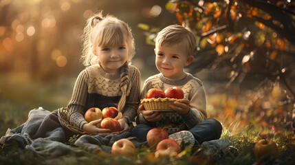 A little girl and boy are sitting on the green grass in the garden They are holding an apple pie in their hands and smiling Red apples lie next to them The children are dressed in warm : Generative AI - Powered by Adobe