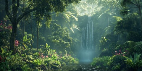 A serene tropical forest scene with a majestic waterfall amidst rich greenery and vibrant flora