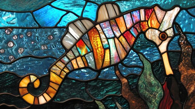 stained glass representation of a delicate seahorse, with oceanic colors and intricate patterns