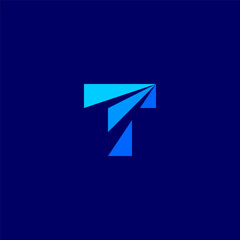T letter initial logo with sliced style and blue tones color.