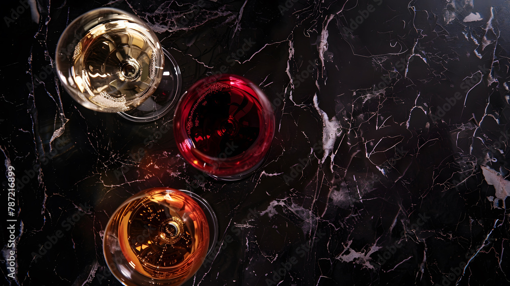Poster glasses with red white and rose wine on black marble background view above copy space : generative a