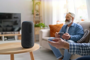 american man using a digital assistant speaker at home