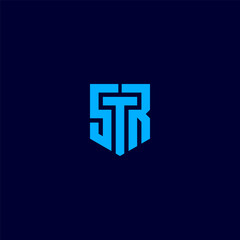 STR monogram logo in shield shape - blue color.