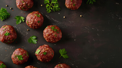 Raw Caul Fat Meatballs burger cutlets fresh meat Gray background Top view Copy space : Generative AI - obrazy, fototapety, plakaty