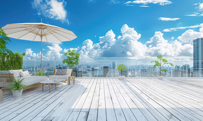 deck with white wood flooring, outdoor seating and umbrella for shade, overlooking city view with blue sky and clouds, plants in pots on the side of terrace