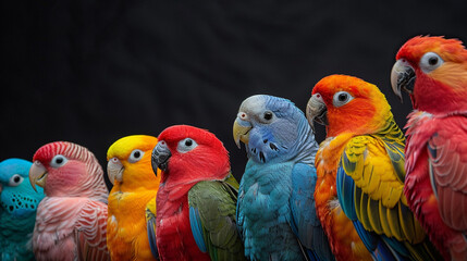 A diverse collection of pet birds, ranging from parrots to parakeets, arranged neatly in a row, their vibrant hues creating a beautiful spectacle - obrazy, fototapety, plakaty