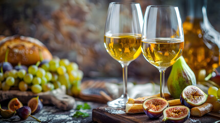 Two wineglasses of vintage chardonnay with delicious appetizers Couple of glasses of white wine italian breadsticks figs and grapes Interior background Close up copy space : Generative AI