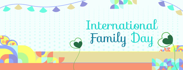 Geometric wide banner for International Family Day. Colorful abstract background for world family day. Happy Family Day greeting card cover with text and empty space for images.