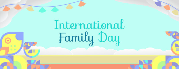Geometric wide banner for International Family Day. Colorful abstract background for world family day. Happy Family Day greeting card cover with text and empty space for images.