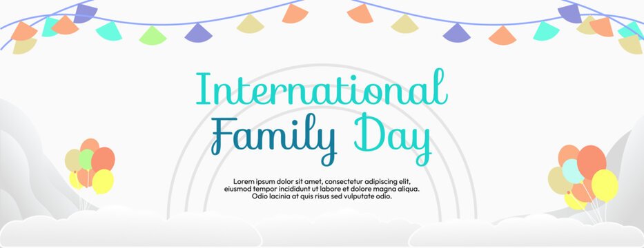 Geometric wide banner for International Family Day. Colorful abstract background for world family day. Happy Family Day greeting card cover with text and empty space for images.