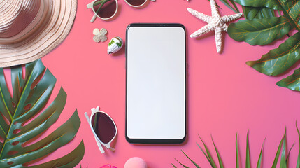 Top view Smartphone white screen mockup on pink table background with copy space and summer accessories : Generative AI
