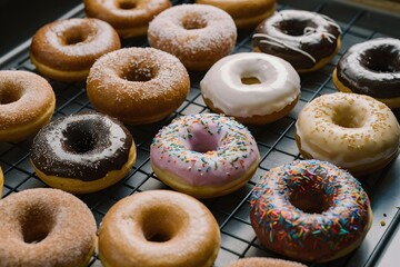 Assorted donuts displayed on kitchen table, tempting pastry delights