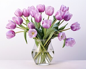A watercolor artwork of tulips in various shades of purple, arranged in a simple glass vase, capturing the translucent light and shadow as in the provided illustration ,  watercolor art