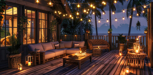 A modern rooftop terrace with comfortable outdoor seating, surrounded by lanterns and string lights, overlooking the ocean at dusk.