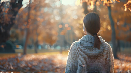 A dreamy girl in a warm knitted cardigan stands in an autumn park turning her back to the camera...