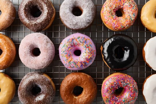 Assorted donuts displayed on kitchen table, tempting pastry delights